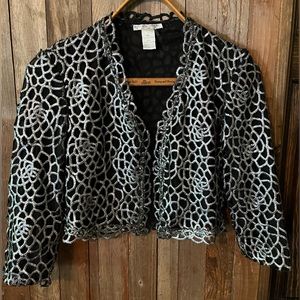 Alberto Makali Silver Brocade Lace Cropped Evening Jacket, Sz Small